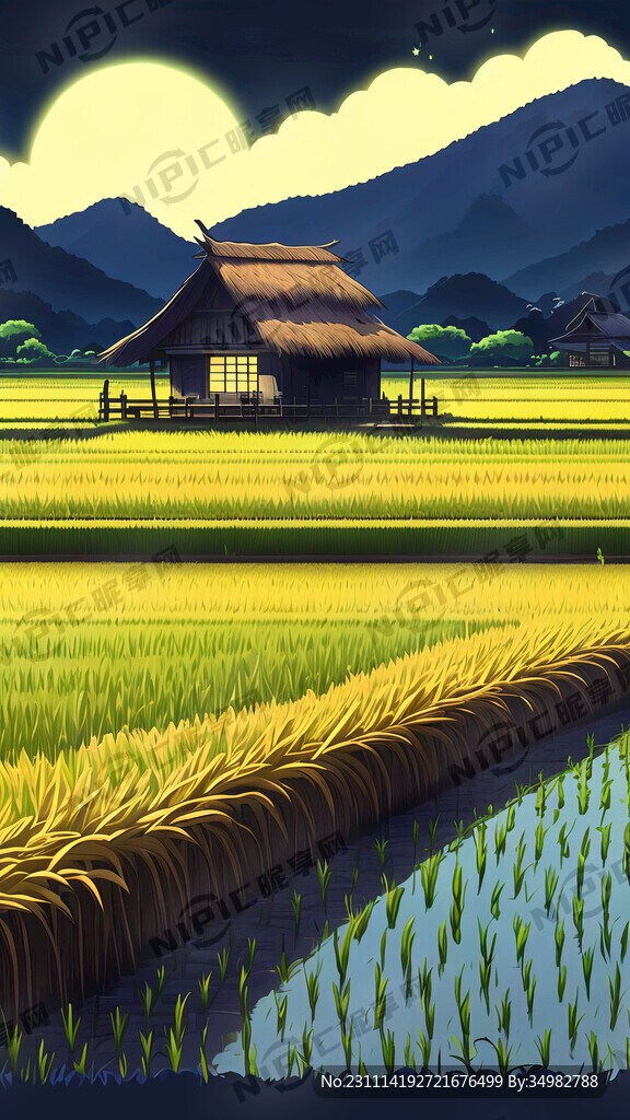 稻田 茅屋 夜空 卡通 宫崎骏