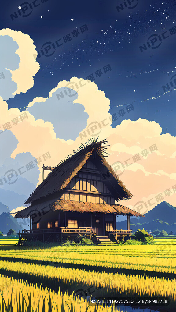 稻田 茅屋 夜空 卡通 宫崎骏