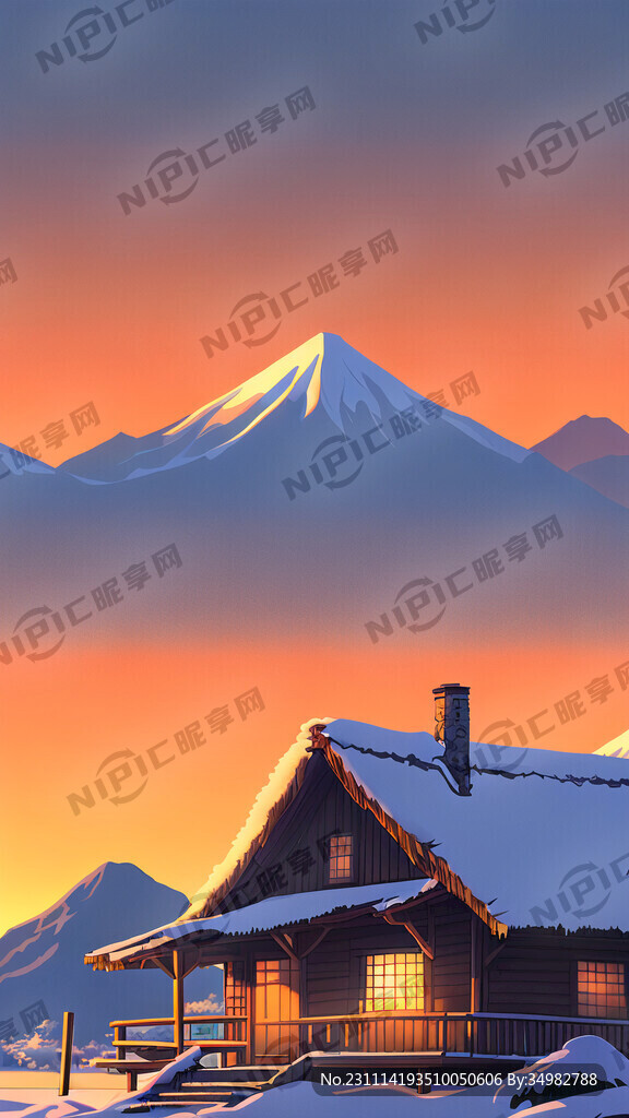 雪 茅屋 远山 夕阳 卡通