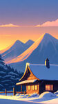雪，茅屋，远山，夕阳，宏观，卡通，宫崎骏，清新