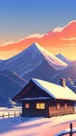 雪，茅屋，远山，夕阳，宏观，卡通，宫崎骏，清新