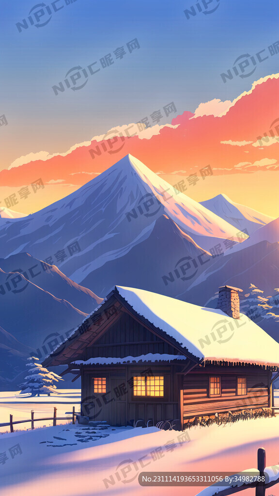 雪 茅屋 远山 夕阳 宏观