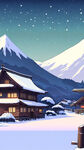 雪，茅屋，远山，夜晚，远景，卡通，宫崎骏，清新