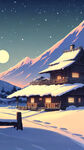 雪，茅屋，远山，夜晚，远景，卡通，宫崎骏，清新
