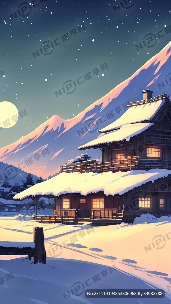 雪 茅屋 远山 夜晚 远景