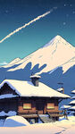 雪，茅屋，山，夜晚，远景，卡通，宫崎骏，清新