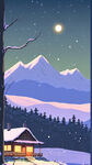 雪，茅屋，山，夜晚，远景，卡通，宫崎骏，清新