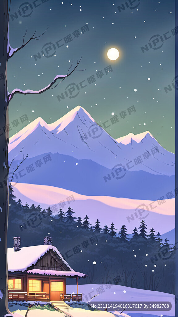 雪 茅屋 山 夜晚 远景 卡通