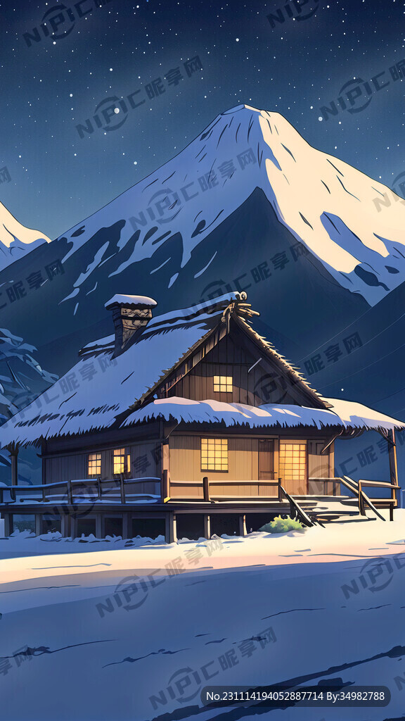雪 茅屋 山 夜晚 远景 卡通