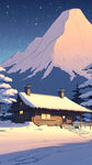 雪，茅屋，山，夜晚，远景，卡通，宫崎骏，清新