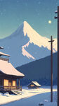 雪，茅屋，群山，夜晚，远景，卡通，宫崎骏，清新