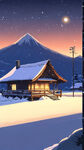 雪，茅屋，群山，夜晚，远景，卡通，宫崎骏，清新