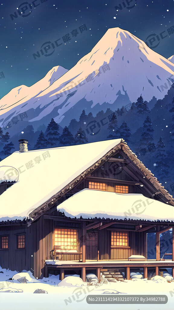 雪 茅屋 群山 夜晚 远景