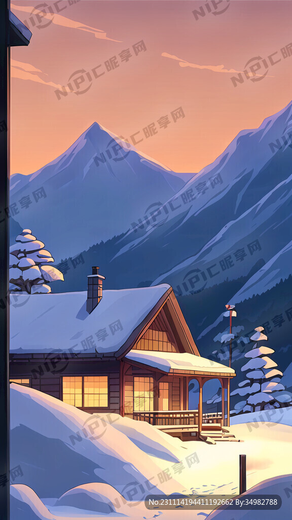 雪 平房 群山 夜晚 远景