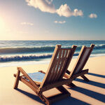 全景视角，夏日悠闲沙滩椅，阳光，三维