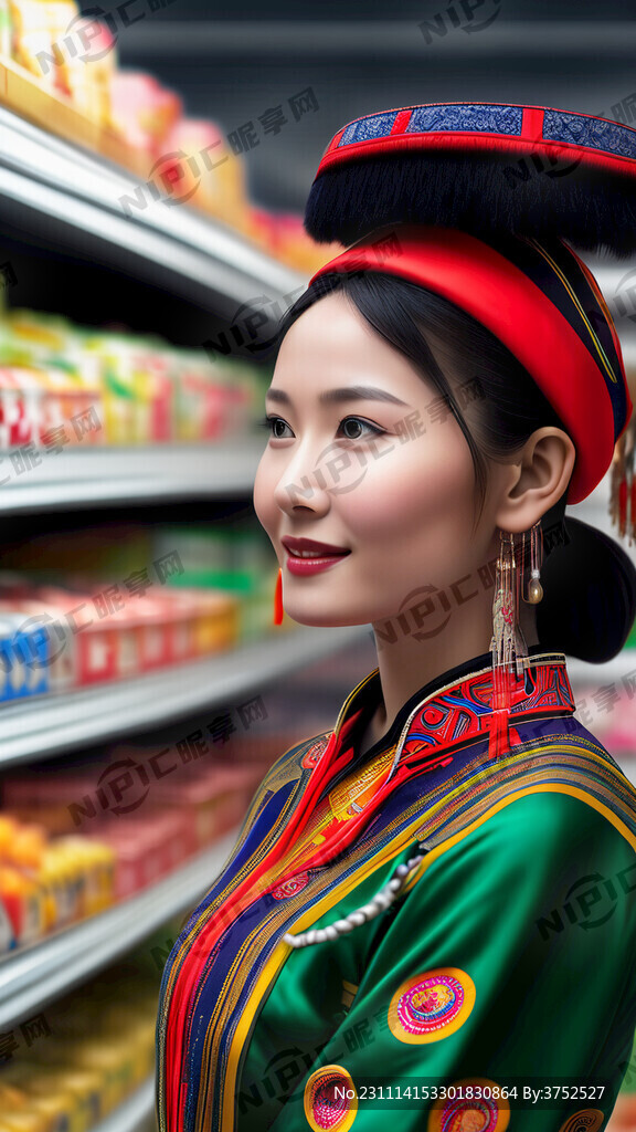 彝族美女超市购物 过新年 侧脸