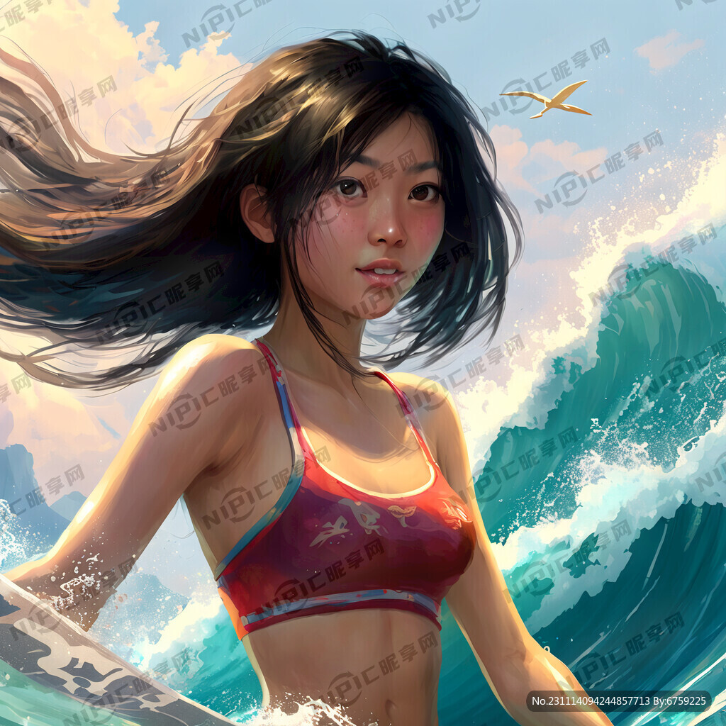 艺术风格 少女在海上冲浪
