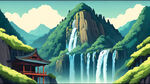 古建，山水，瀑布，卡通，宫崎骏，清新