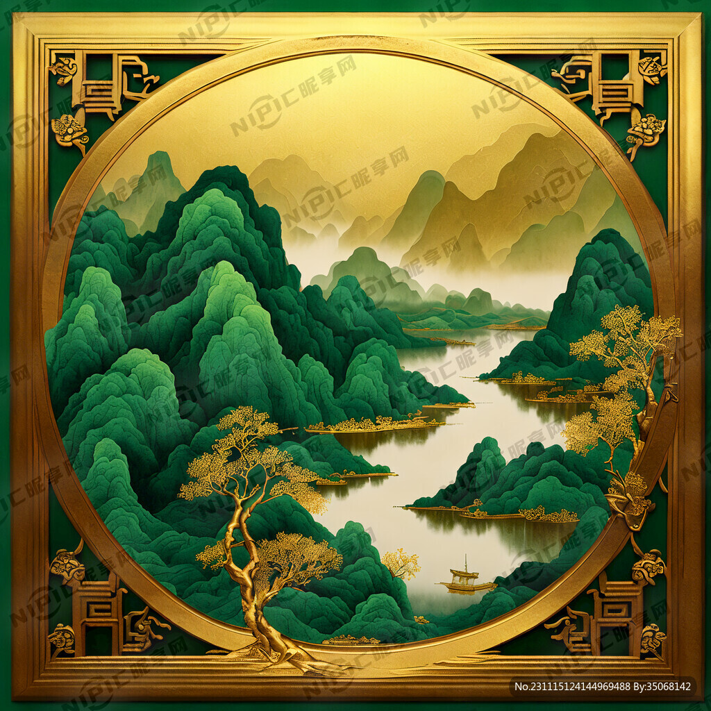 晕染 绿色 金色 装饰画