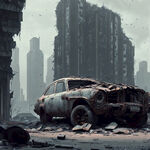 城市废墟，破旧汽车，赛博朋克，灰色天空，质感，末日。