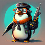 一只戴着眼镜的企鹅科学家,手拿武器