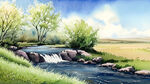 瀑布河流，平原草地，植物丰茂的春天，自然风光，阳光明亮，天空晴朗，细节丰富，儿童插画