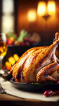 感恩节烤火鸡，烤火鸡特写，背景餐厅光影模糊