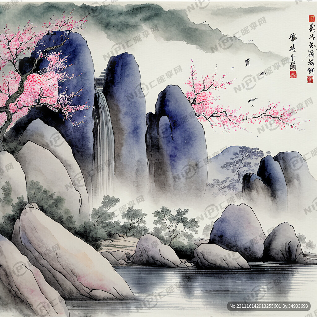 岁月年久的巨石巍然屹立在河岸