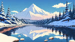 雪景，山，河，卡通，宫崎骏，清新