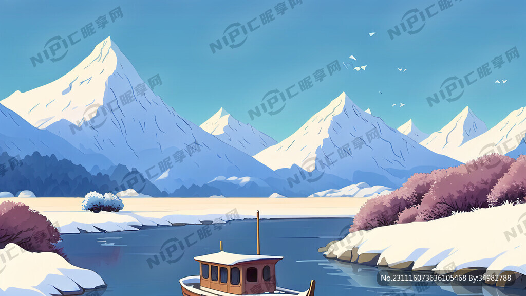 雪景 群山 河 小船 卡通