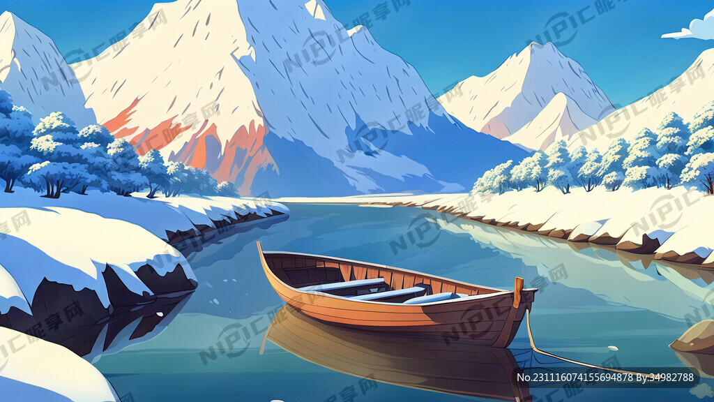 雪景 群山 河 小船 卡通