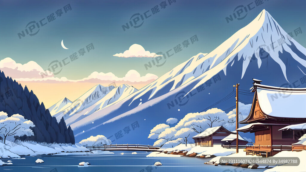 雪景 群山 河 小船 老人