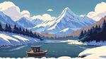 雪景，群山，河，小船，远景，卡通，宫崎骏，清新