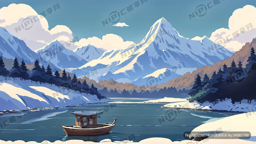 雪景 群山 河 小船 远景