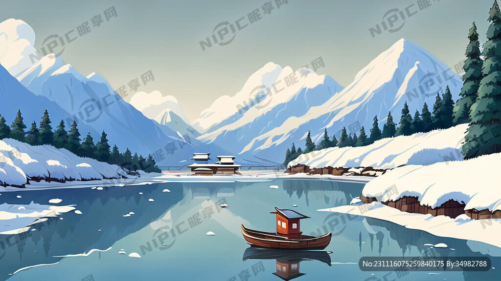 雪景 群山 河 小船 远景
