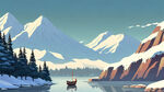 雪景，群山，河，小船，远景，卡通，宫崎骏，清新