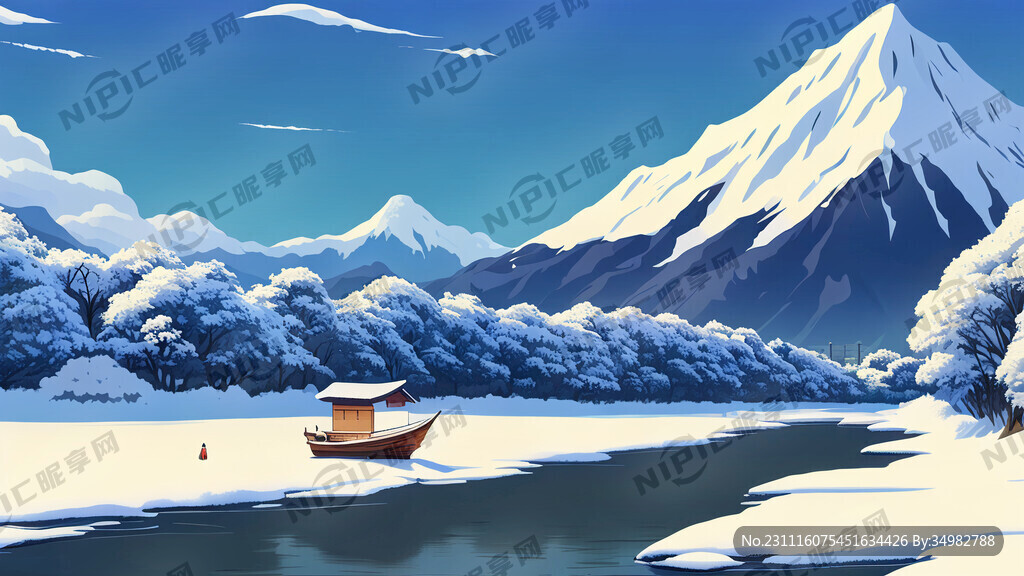 雪景 群山 河 小船 远景