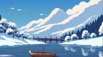 雪景，群山，河，小船，远景，卡通，宫崎骏，清新
