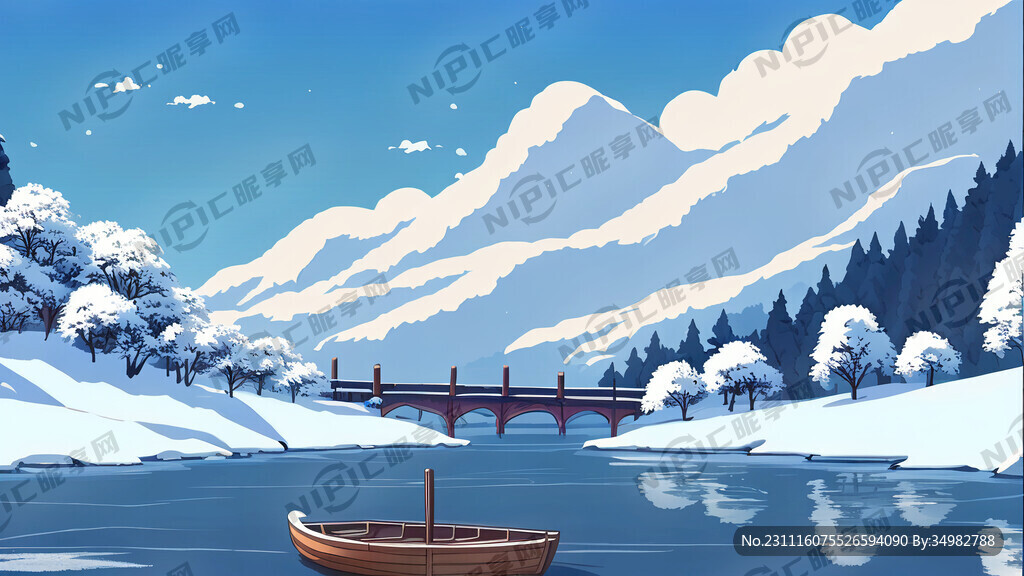 雪景 群山 河 小船 远景