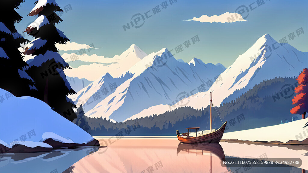 雪景 群山 河 小船 远景
