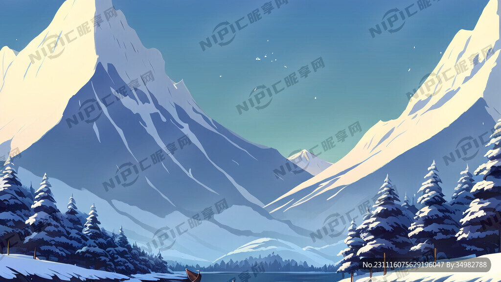 雪景 群山 河 小船 远景