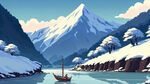 雪景，群山，河，乌篷船，远景，卡通，宫崎骏，清新