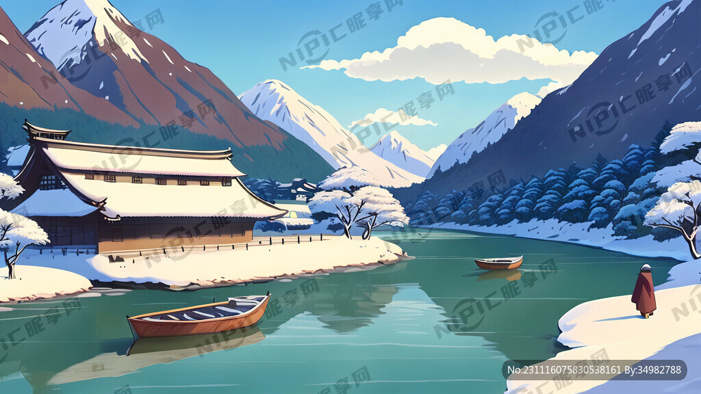 雪景 群山 河 乌篷船 远景