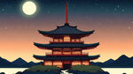 月夜，山水，古建，卡通，宫崎骏，清新