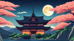 月夜，山水，古建，卡通，宫崎骏，清新