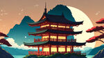 月夜，山水，古建，卡通，宫崎骏，清新