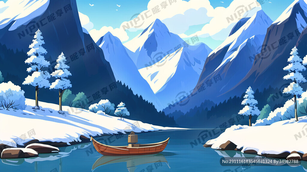 雪景 群山 河 小舟 卡通
