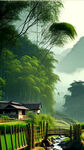 清晨的 ,竹林前山区农村前小溪石桥，微风吹农舍青烟，栏杆围农舍，前景农舍。