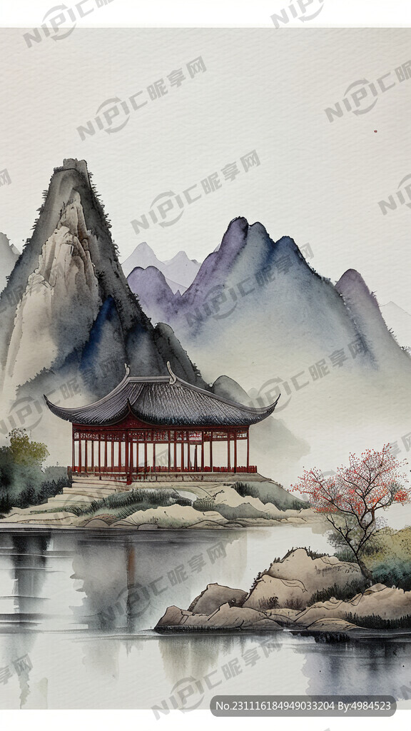 大幅国画山水 有远山 白云