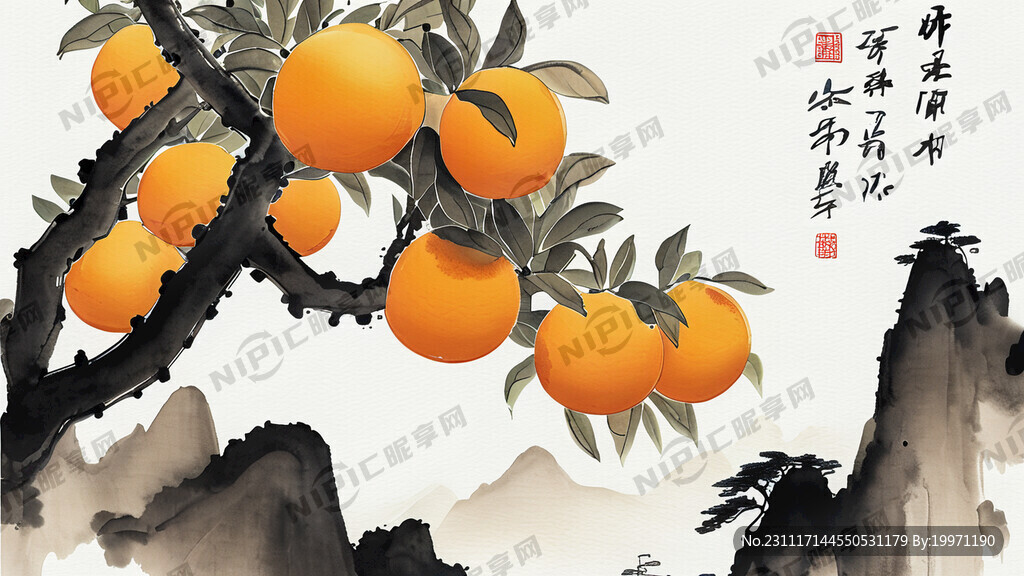 国风色山水橙子树宋朝美人